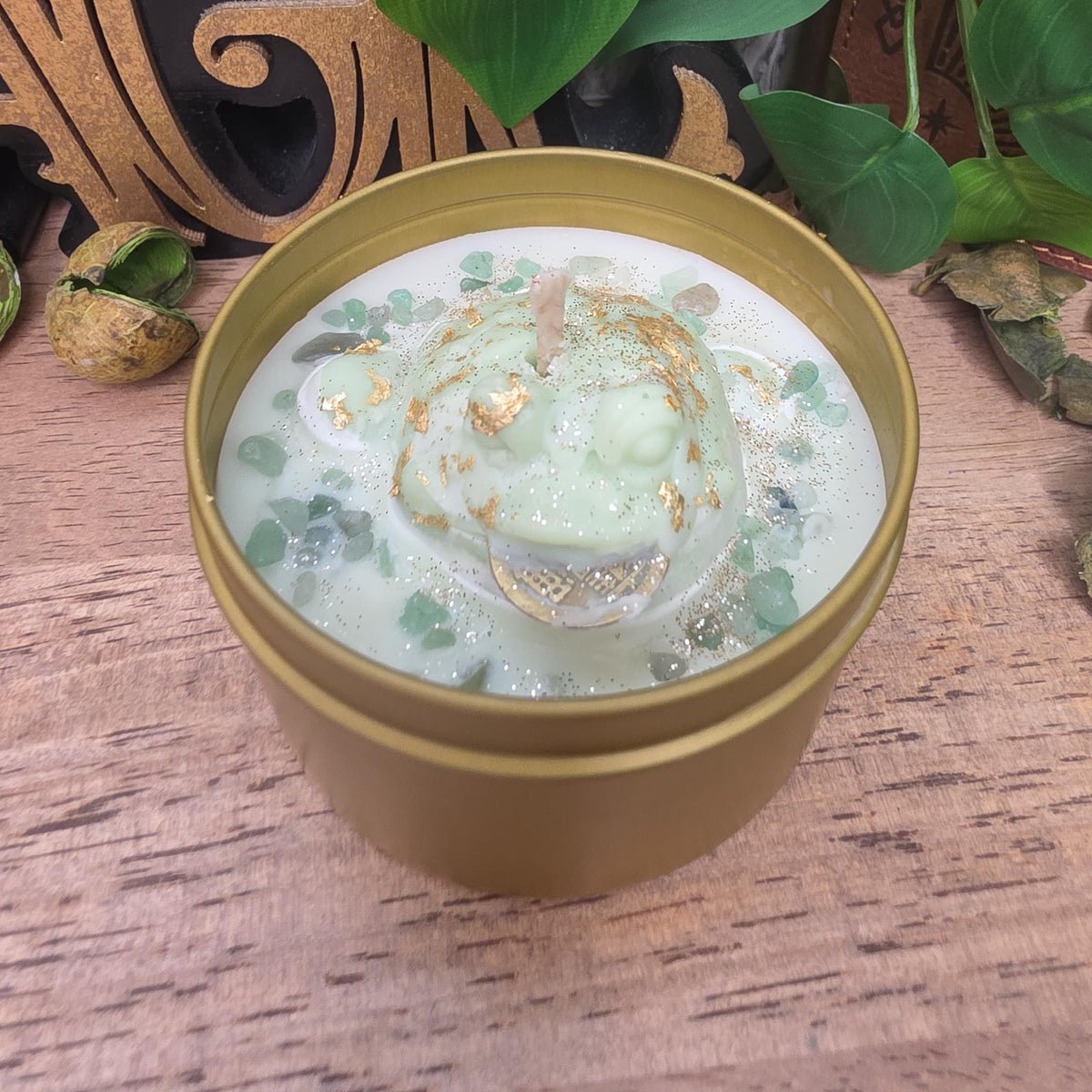 Handmade Frog Soy Candle, Green Aventurine, Patchouli Scent, Gold Tin (8 oz)