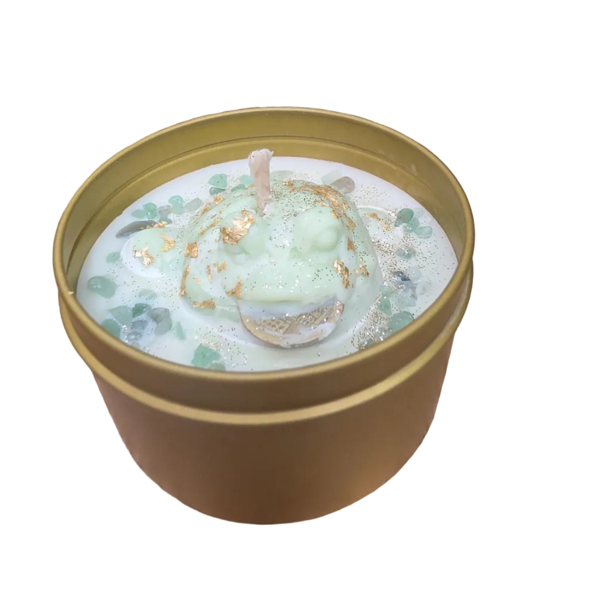 Handmade Frog Soy Candle, Green Aventurine, Patchouli Scent, Gold Tin (8 oz)