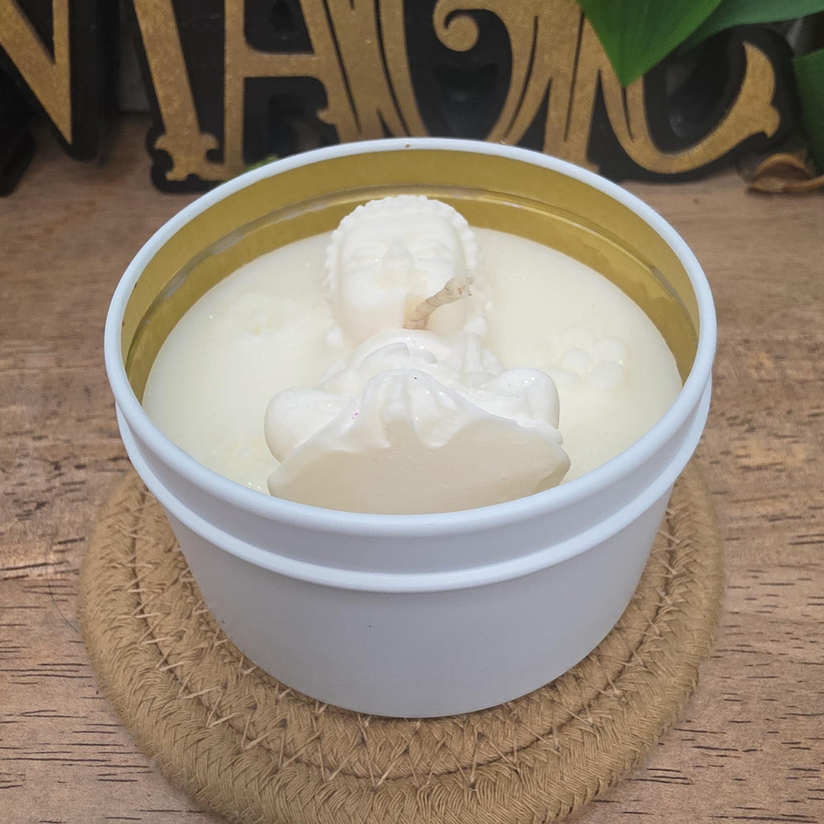 Handmade Meditating Buddha Soy Wax Candle, White Gold Tin, Zen Decor (8 oz)