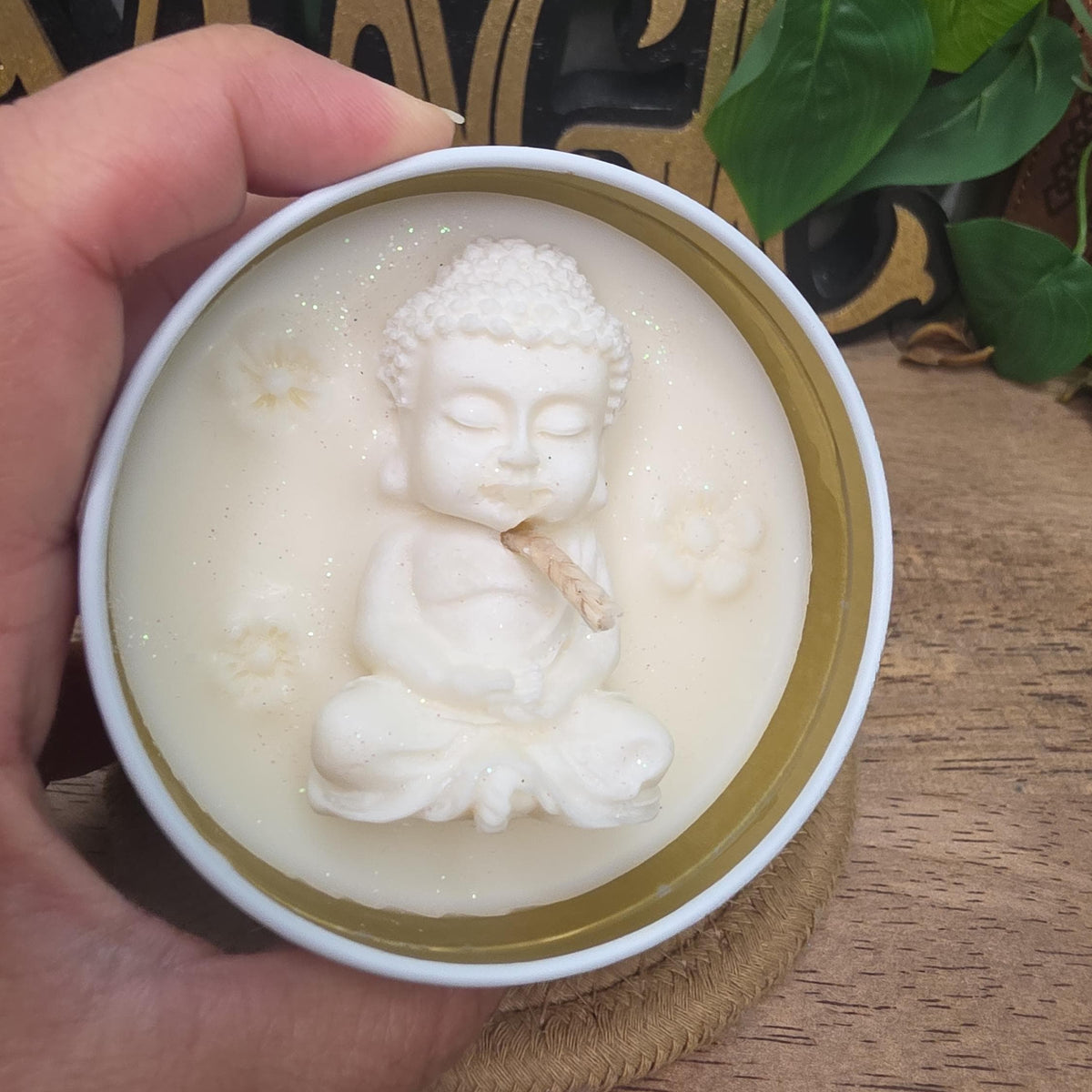 Handmade Meditating Buddha Soy Wax Candle, White Gold Tin, Zen Decor (8 oz)