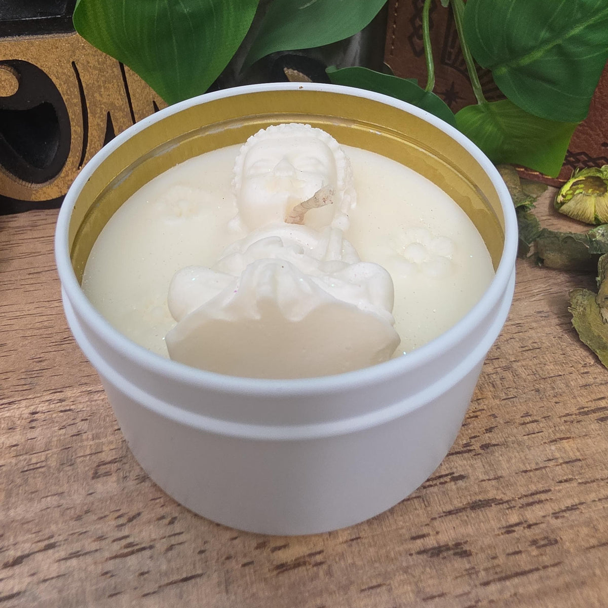Handmade Meditating Buddha Soy Wax Candle, White Gold Tin, Zen Decor (8 oz)