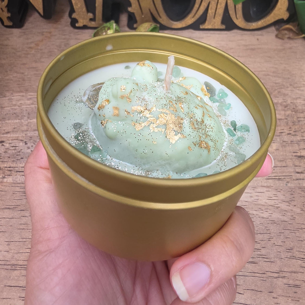 Handmade Frog Soy Candle, Green Aventurine, Patchouli Scent, Gold Tin (8 oz)