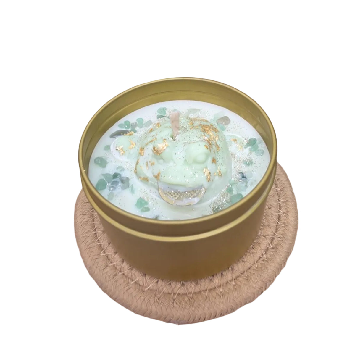 Handmade Frog Soy Candle, Green Aventurine, Patchouli Scent, Gold Tin (8 oz)