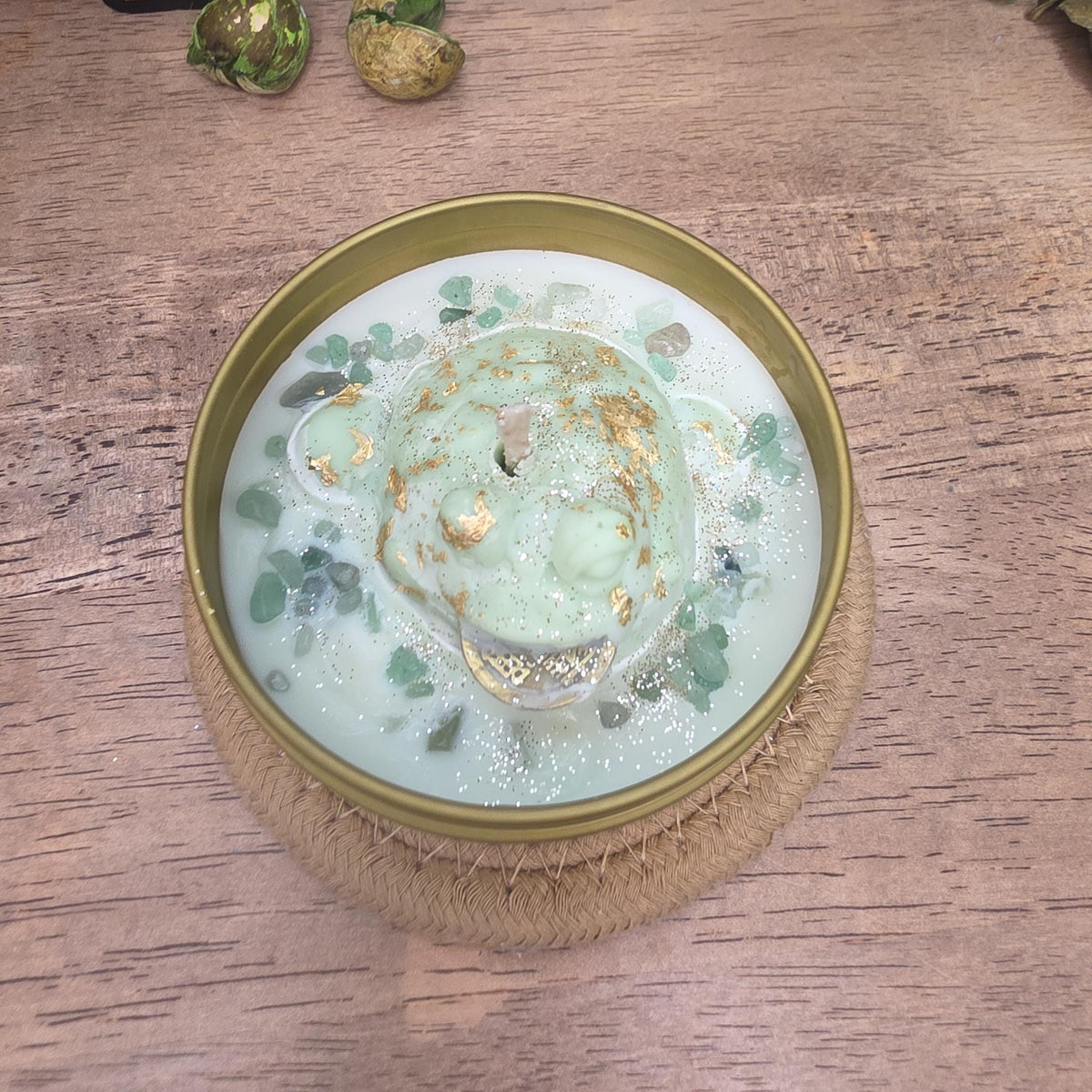 Handmade Frog Soy Candle, Green Aventurine, Patchouli Scent, Gold Tin (8 oz)