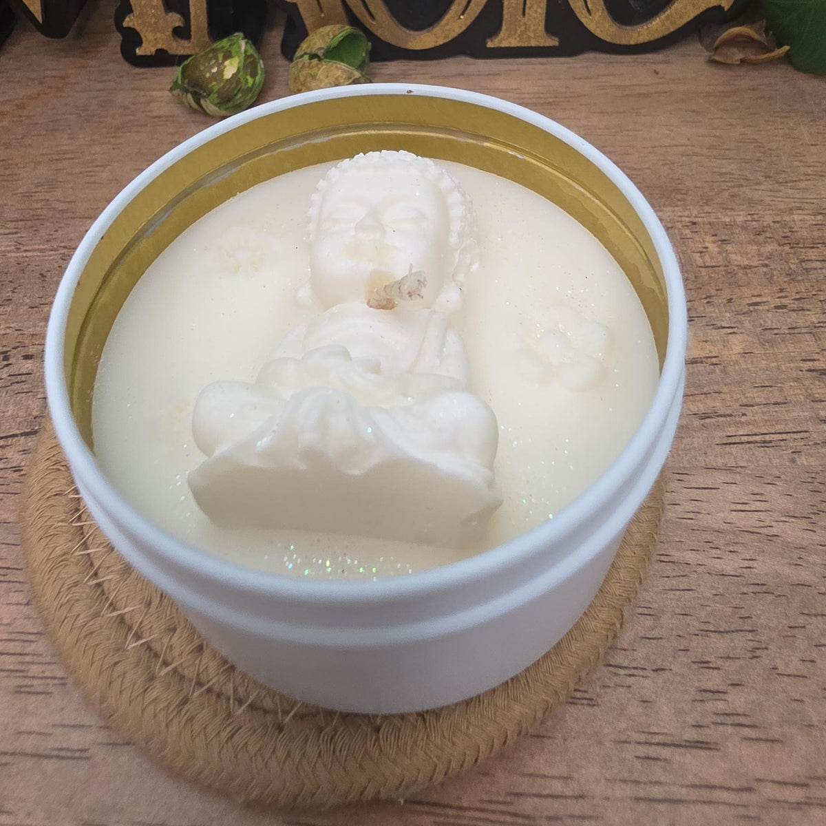 Handmade Meditating Buddha Soy Wax Candle, White Gold Tin, Zen Decor (8 oz)
