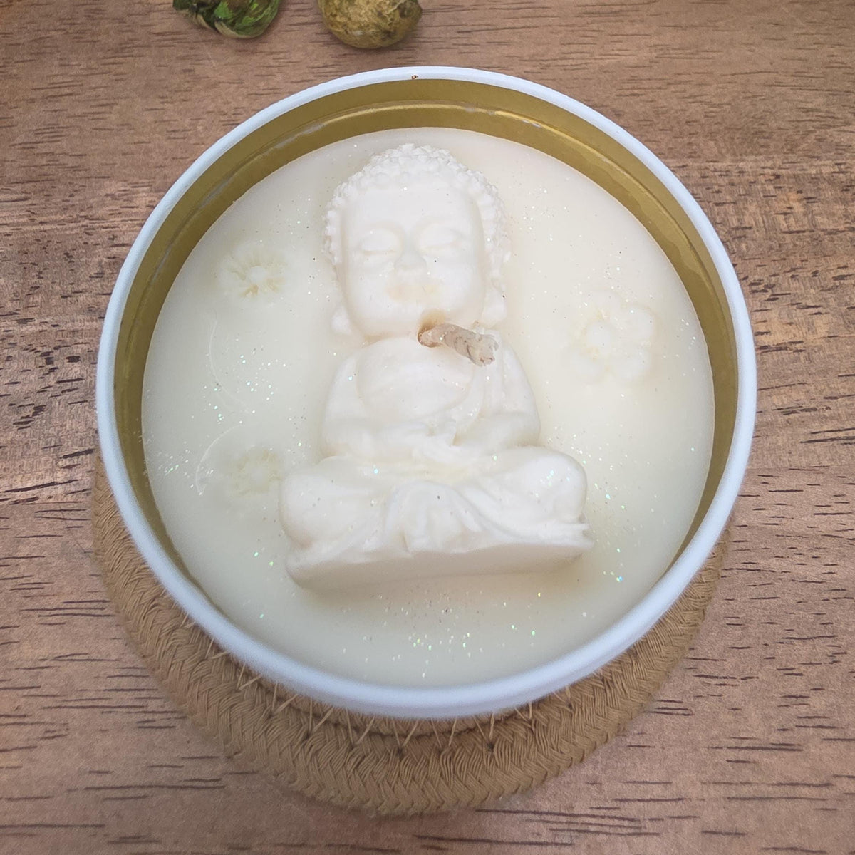 Handmade Meditating Buddha Soy Wax Candle, White Gold Tin, Zen Decor (8 oz)