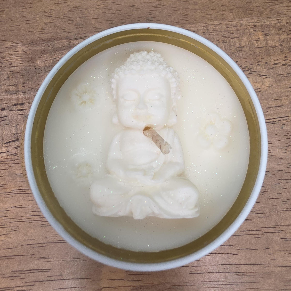 Handmade Meditating Buddha Soy Wax Candle, White Gold Tin, Zen Decor (8 oz)