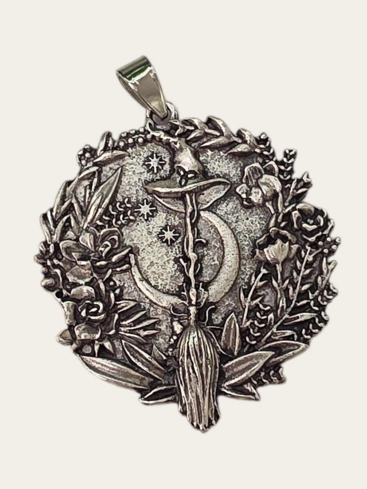 My Magic Place Shop silver witch broom and crescent moon pendant charm with floral detailing for jewelry making