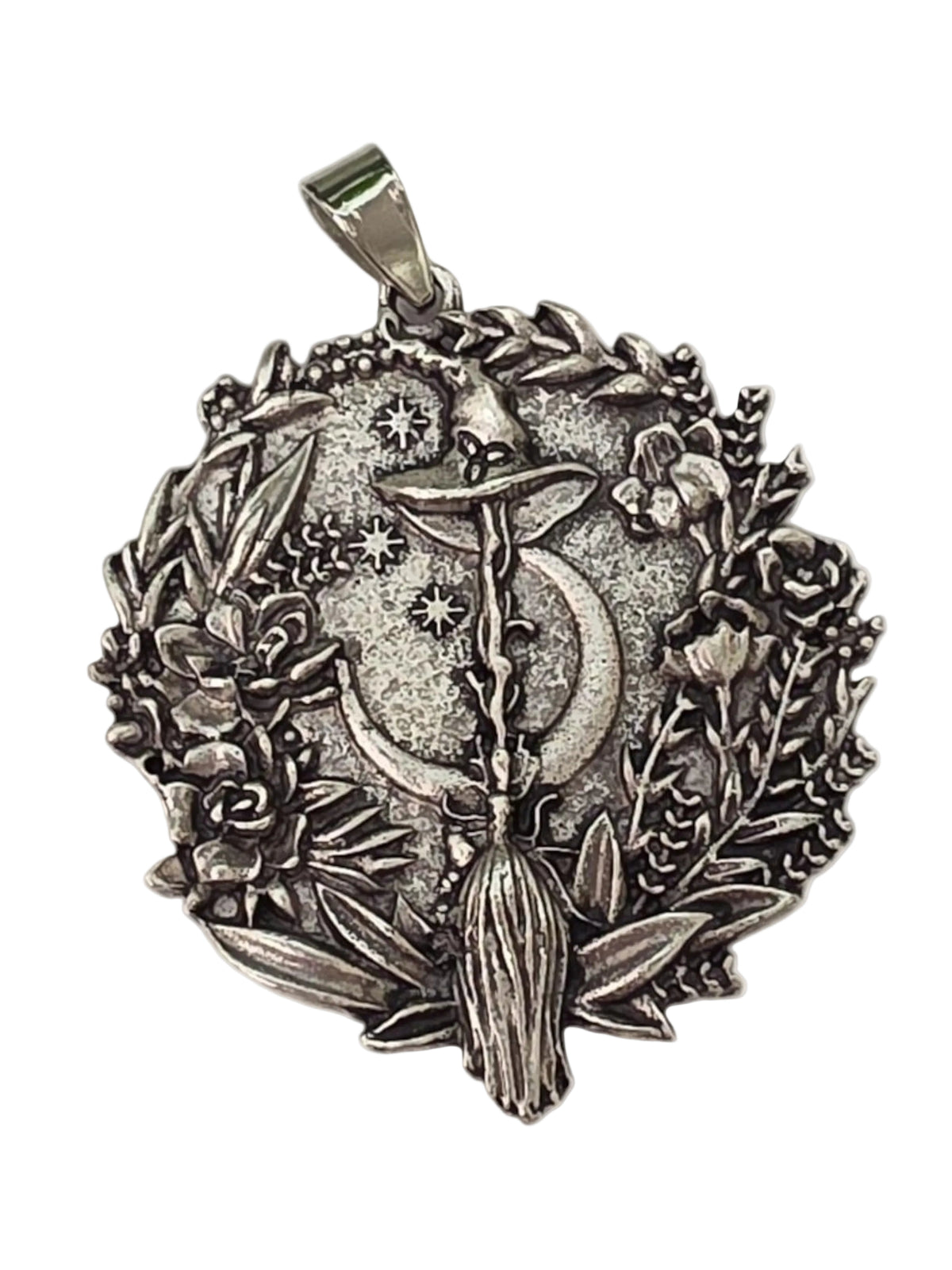 My Magic Place Shop silver witch broom and crescent moon pendant charm with floral detailing for jewelry making