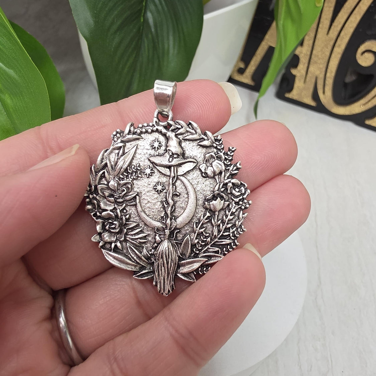 My Magic Place Shop silver witch broom and crescent moon pendant charm with floral and star details for jewelry making