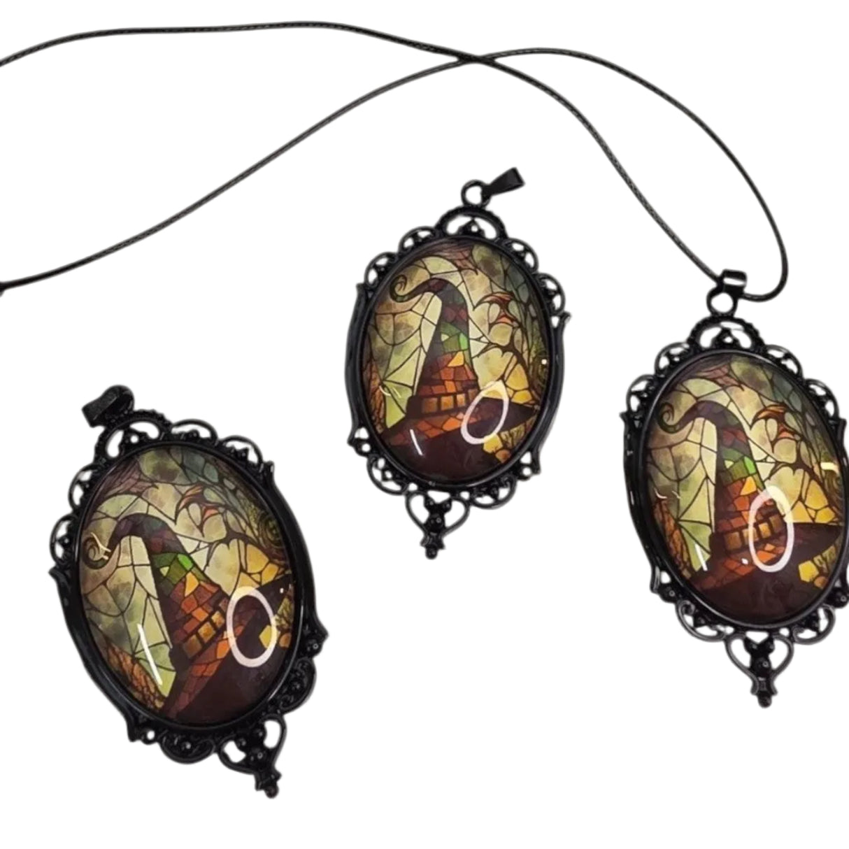 My Magic Place Shop witch hat cameo pendant necklaces with stained-glass art in ornate black gothic filigree frames.