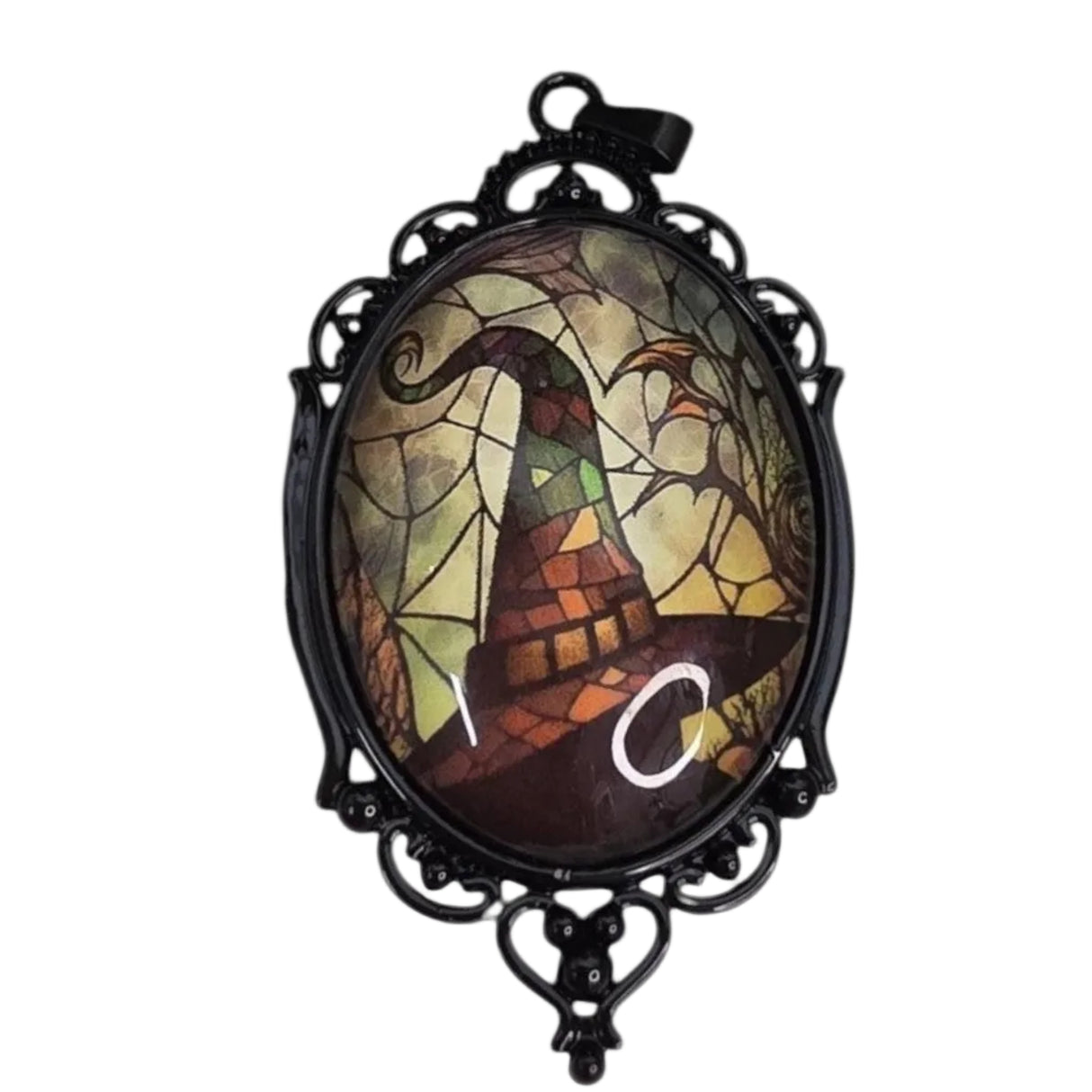 My Magic Place Shop witch hat cameo pendant with stained-glass art in an ornate black filigree gothic frame.