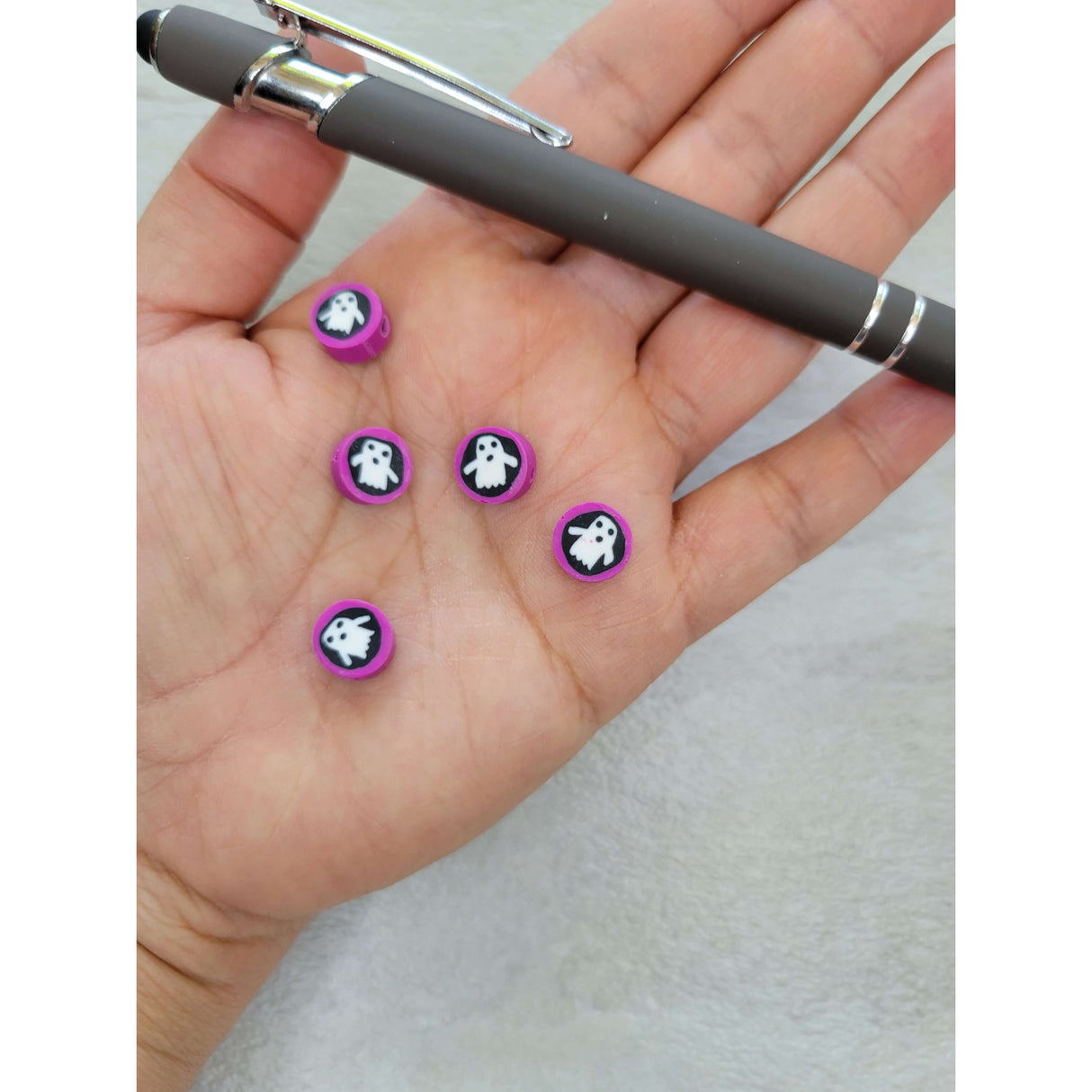 Halloween Theme Handmade Polymer Clay Beads, Flat Round with Ghost -Jewelry Making Kits