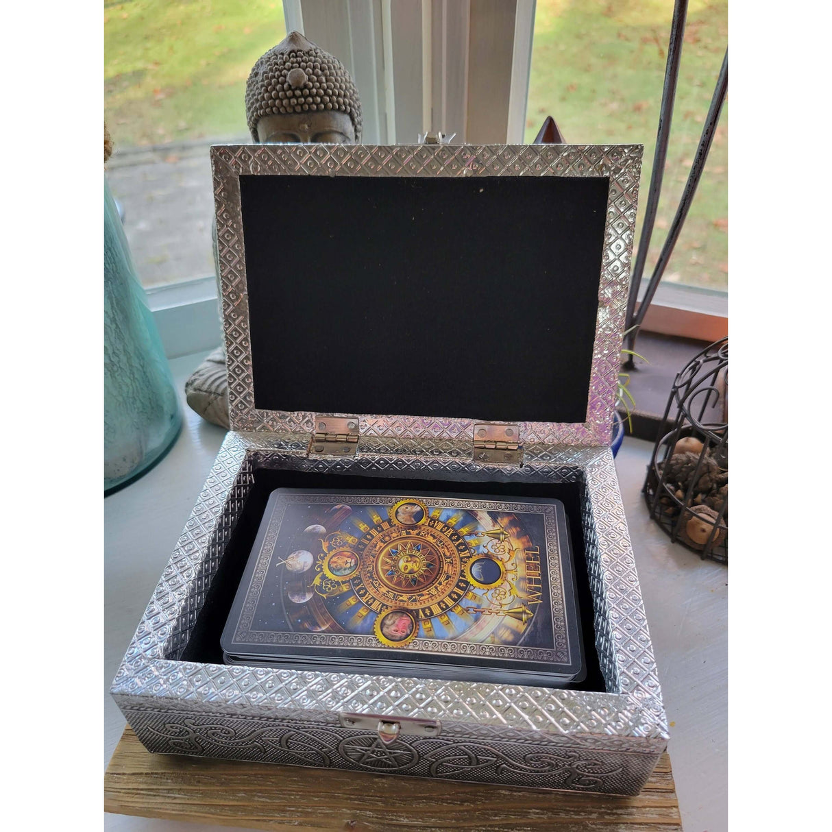 Pentagram carved metal over wood/ tarot box/ altar box -