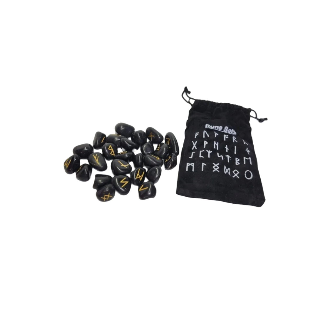 Black Agate Rune stone set with Black Pouch (25 stone set) -Crystals