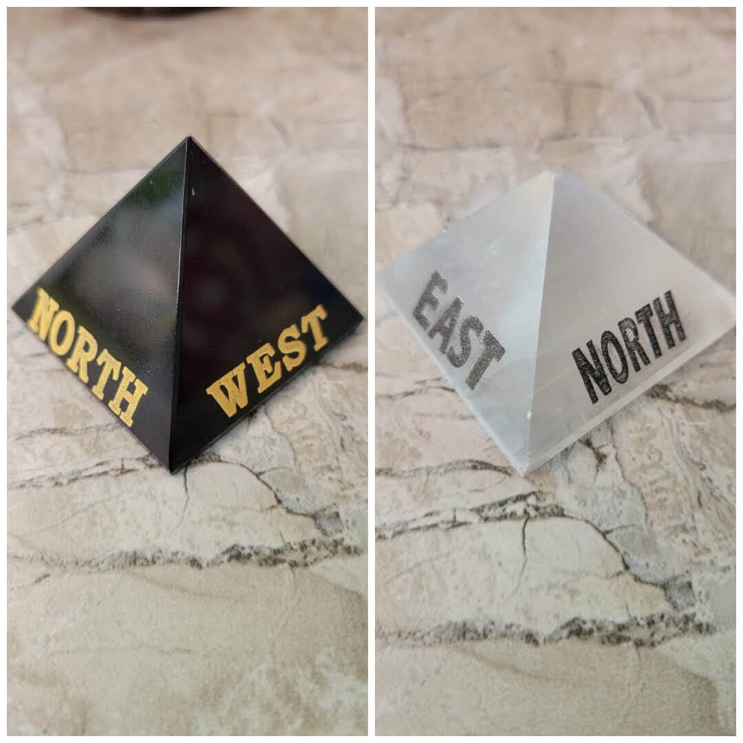 Black Agate, Selenite Engraved Crystal Directional Pyramid -Crystals