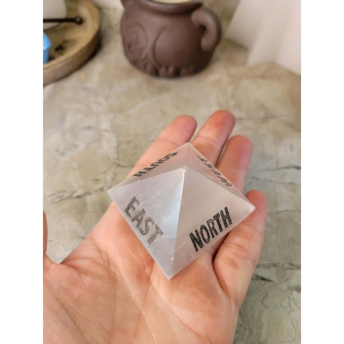 Black Agate, Selenite Engraved Crystal Directional Pyramid -Crystals