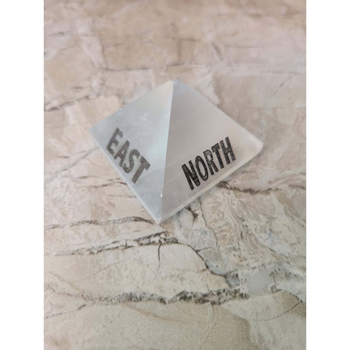 Black Agate, Selenite Engraved Crystal Directional Pyramid -Crystals