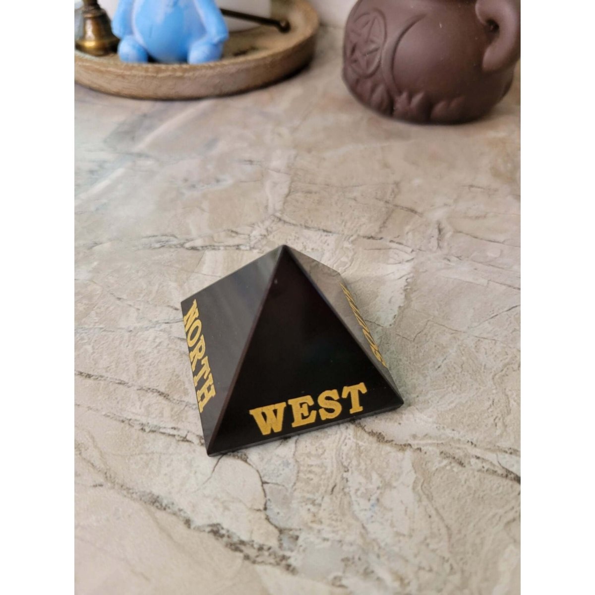 Black Agate, Selenite Engraved Crystal Directional Pyramid -Crystals