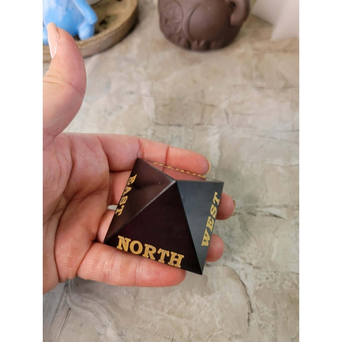 Black Agate, Selenite Engraved Crystal Directional Pyramid -Crystals