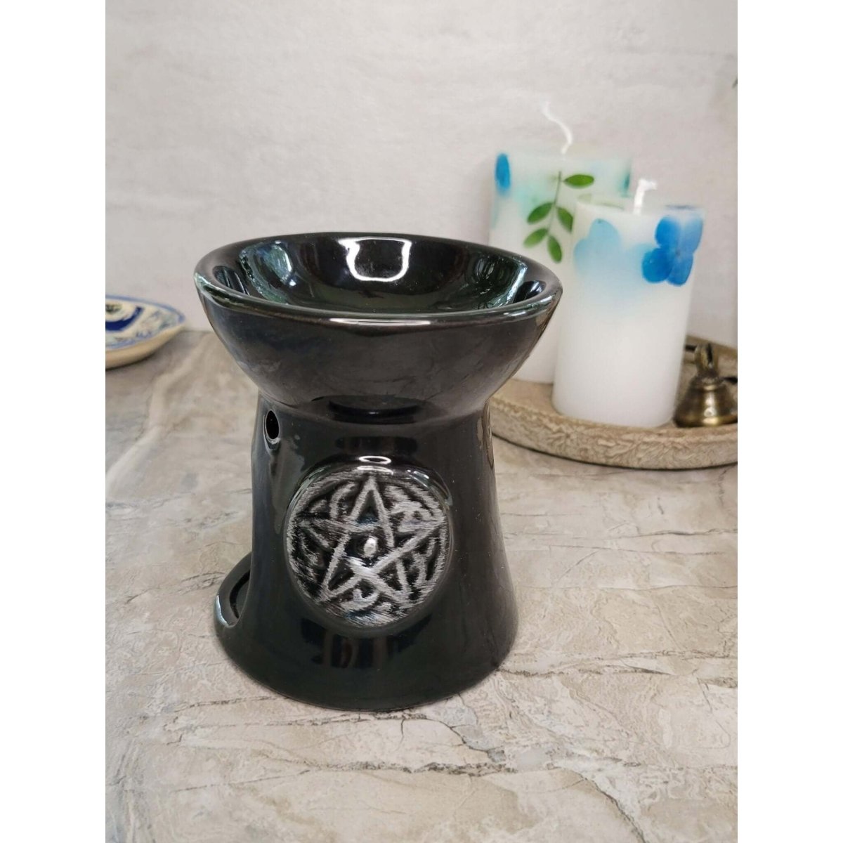 Black Pentagram Oil Burner , Wax Warmer, Metaphysical Décor, Handmade Ceramic -Candle & Oil Warmers