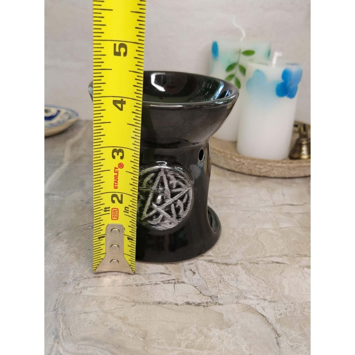 Black Pentagram Oil Burner , Wax Warmer, Metaphysical Décor, Handmade Ceramic -Candle & Oil Warmers