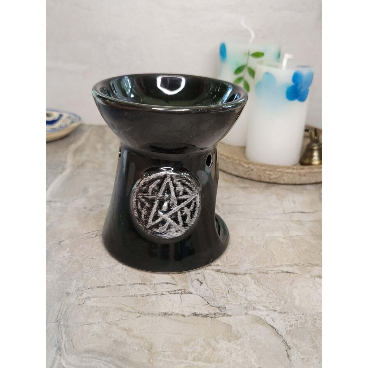 Black Pentagram Oil Burner , Wax Warmer, Metaphysical Décor, Handmade Ceramic -Candle & Oil Warmers