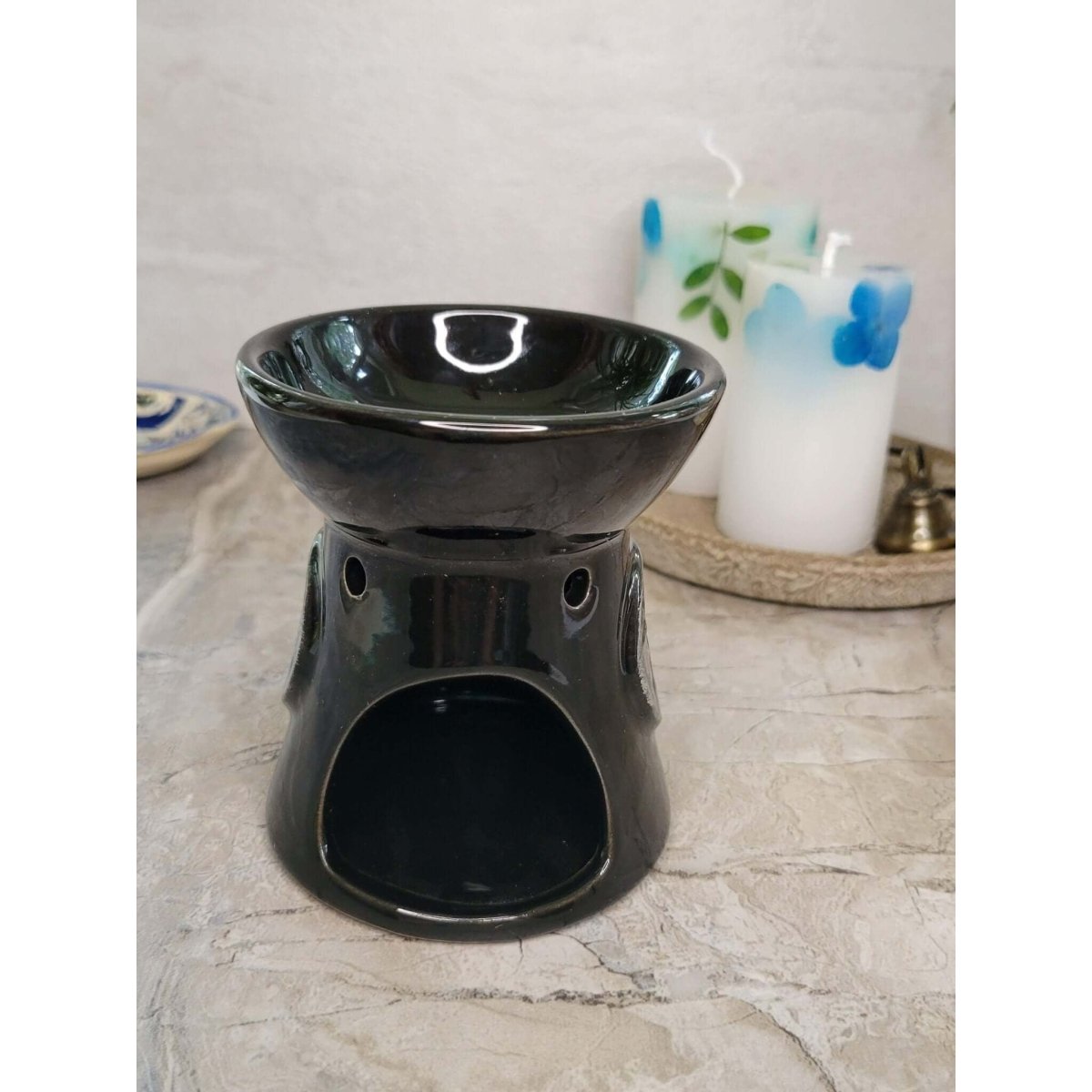 Black Pentagram Oil Burner , Wax Warmer, Metaphysical Décor, Handmade Ceramic -Candle & Oil Warmers