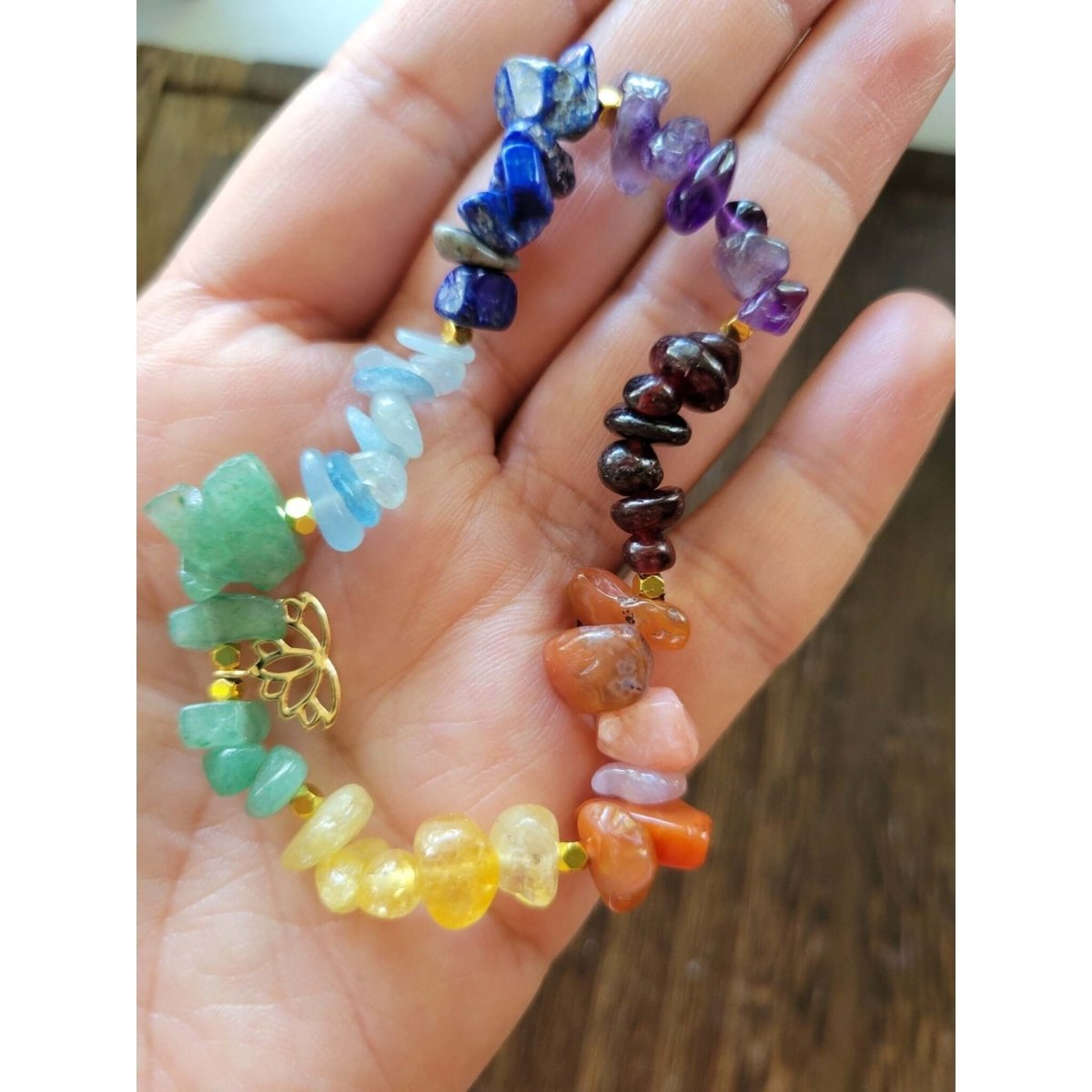 Chakra Jewelry, Chip Gemstone Stretch Charm Bracelets, with Brass Lotus Charms -Bracelets