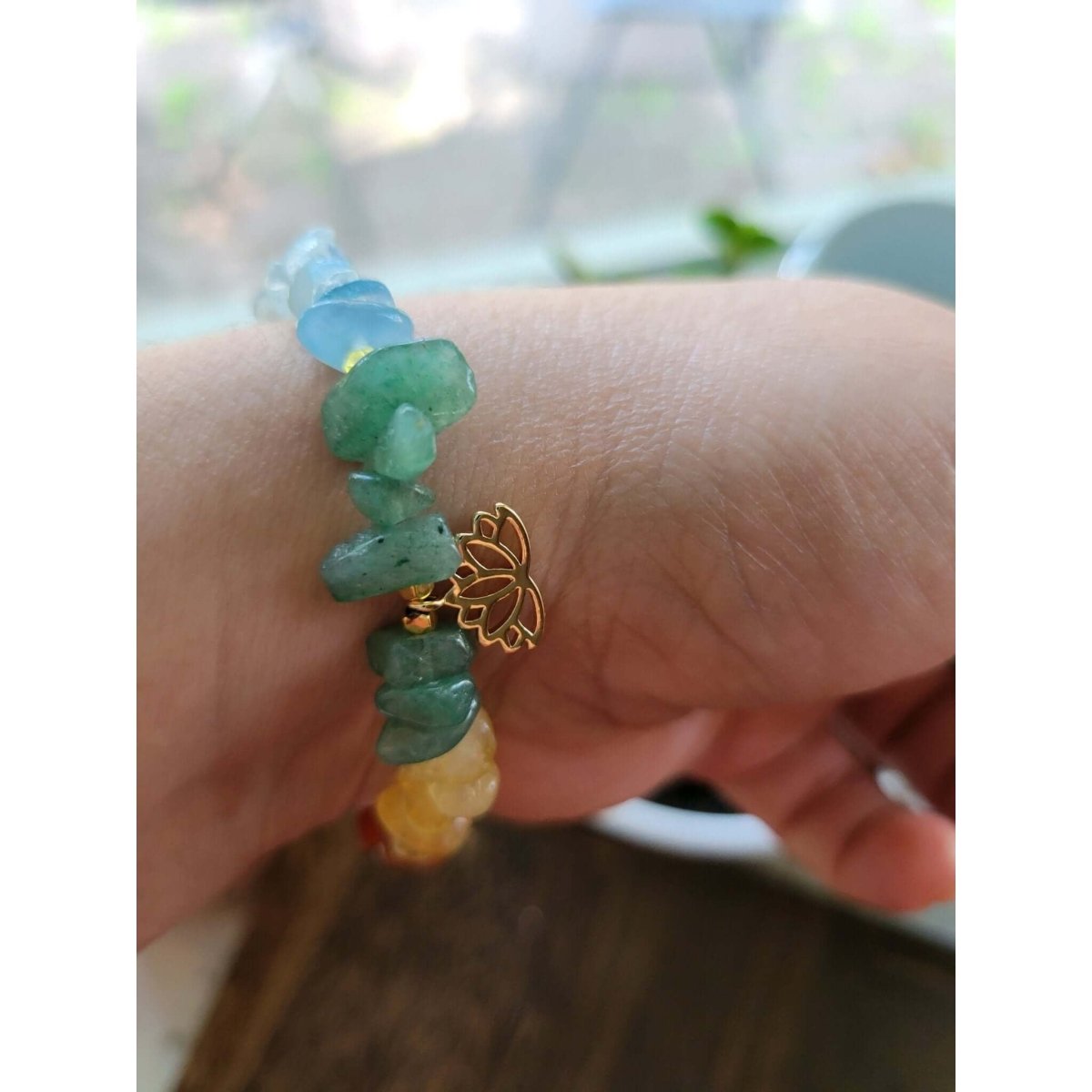 Chakra Jewelry, Chip Gemstone Stretch Charm Bracelets, with Brass Lotus Charms -Bracelets