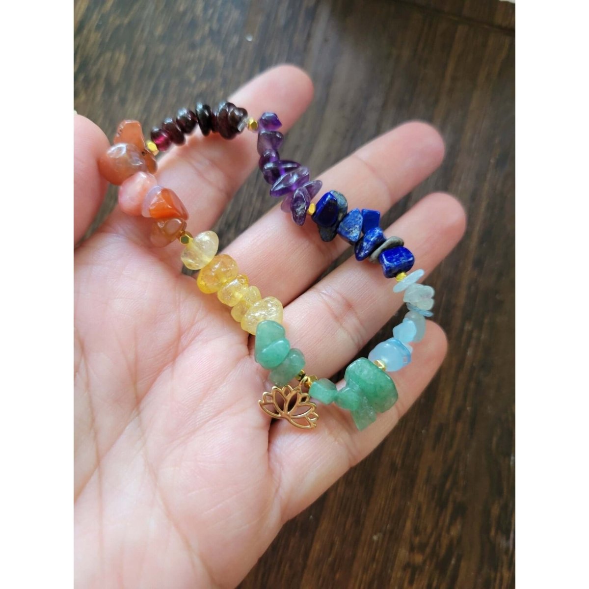 Chakra Jewelry, Chip Gemstone Stretch Charm Bracelets, with Brass Lotus Charms -Bracelets