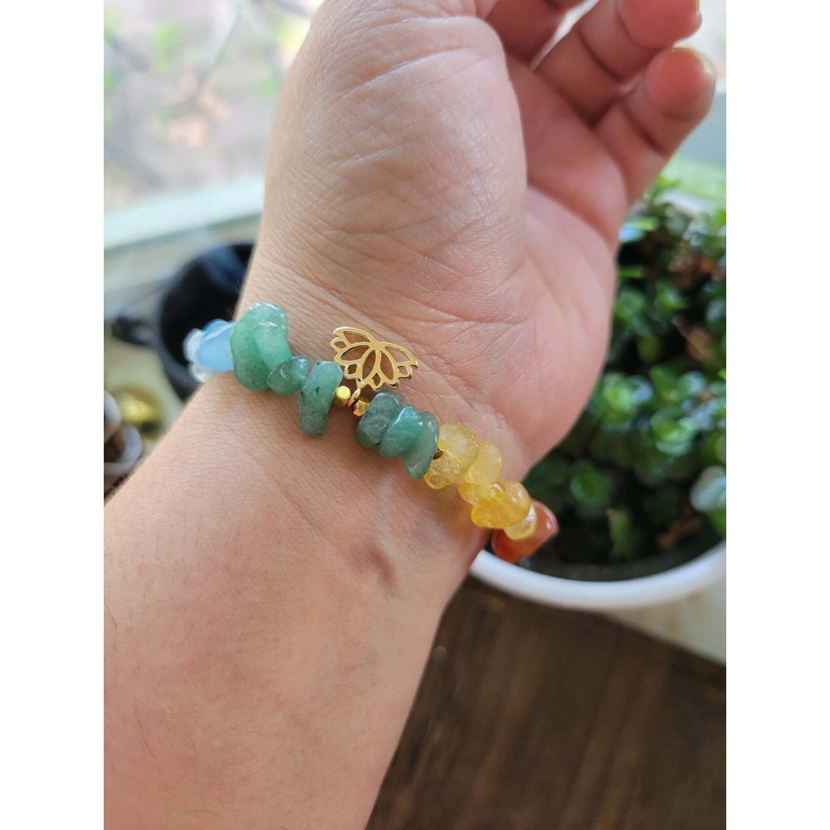 Chakra Jewelry, Chip Gemstone Stretch Charm Bracelets, with Brass Lotus Charms -Bracelets