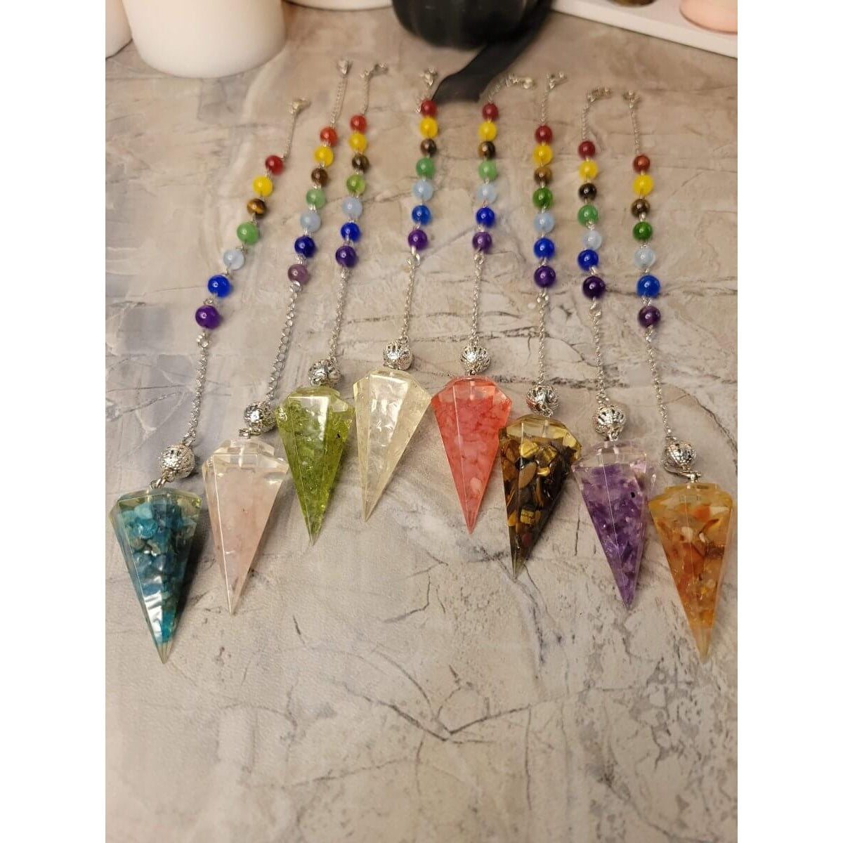 Chakra Jewelry, Resin Dowsing Pendulum, with Natural Mixed Gemstone Beads Inside -Pendulum