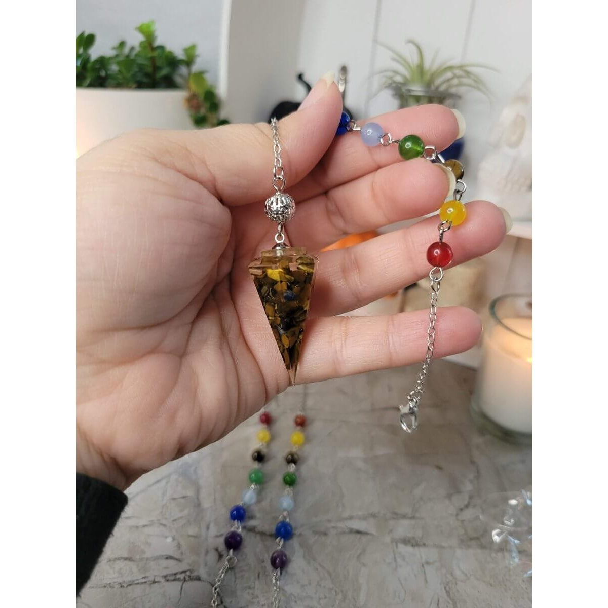 Chakra Jewelry, Resin Dowsing Pendulum, with Natural Mixed Gemstone Beads Inside -Pendulum