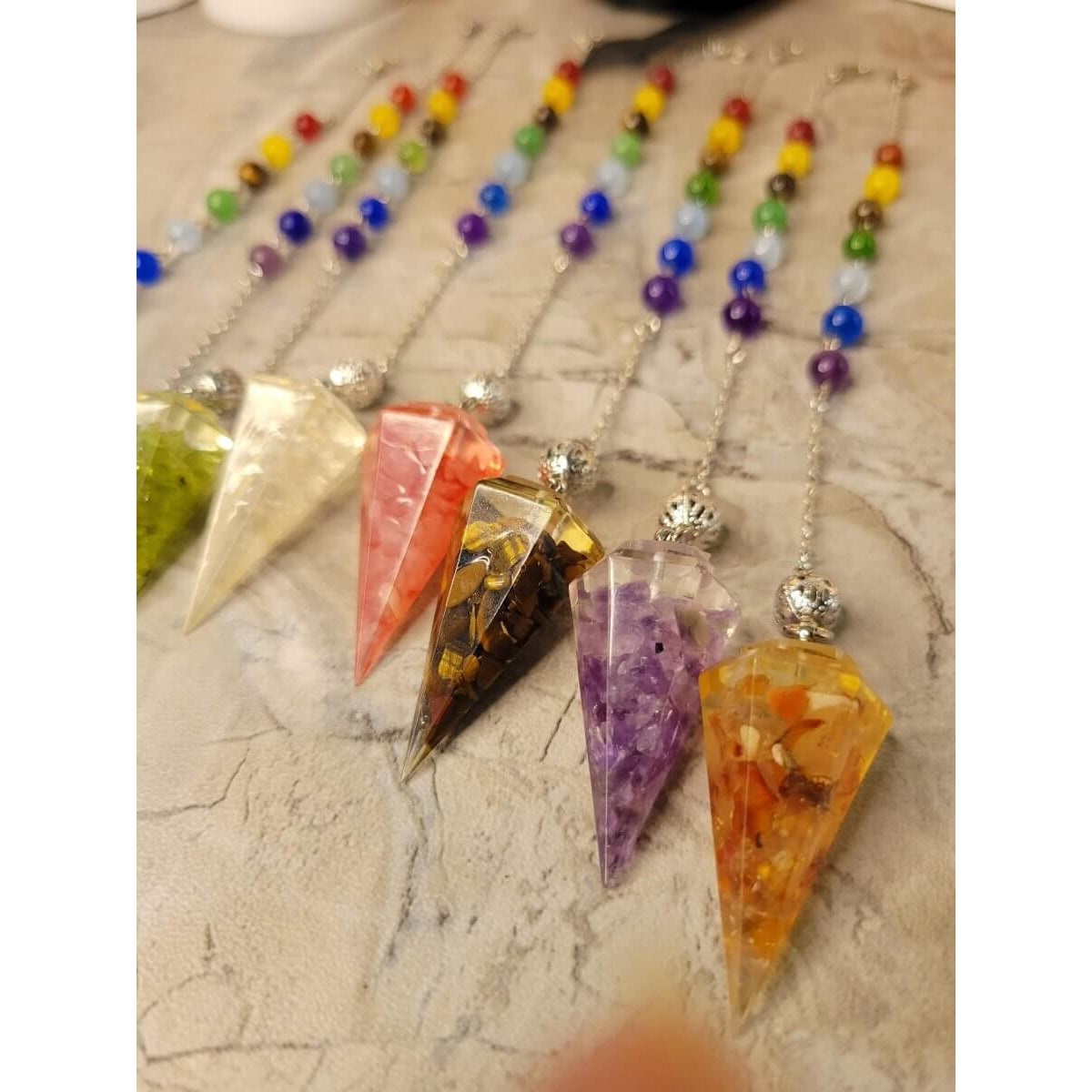 Chakra Jewelry, Resin Dowsing Pendulum, with Natural Mixed Gemstone Beads Inside -Pendulum