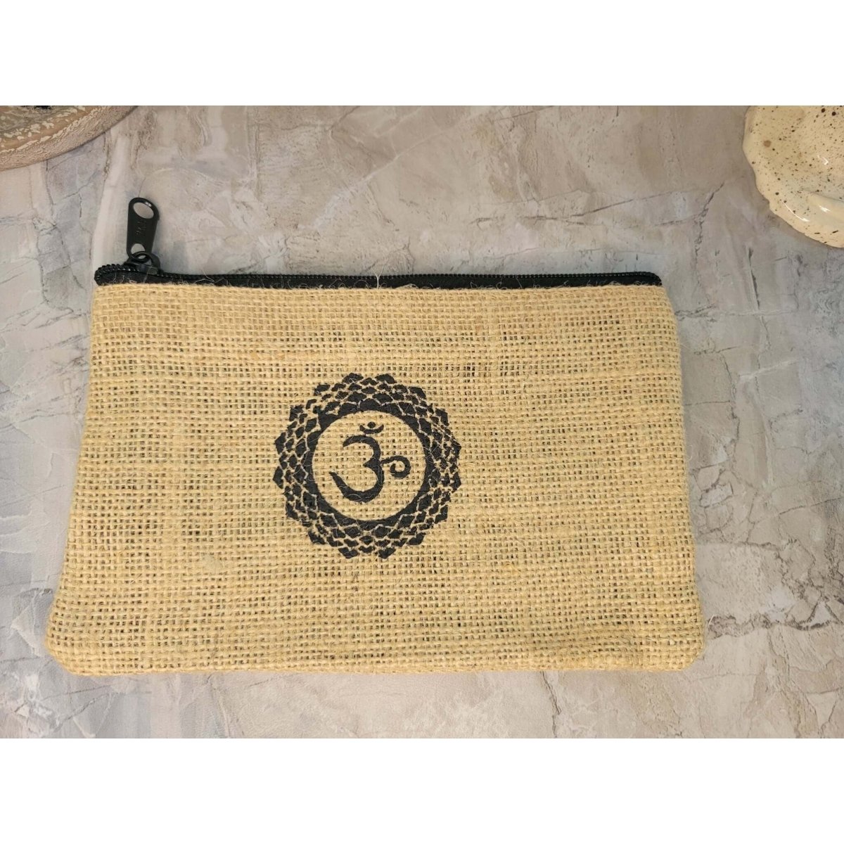 Cotton Jute Pouch, Hand of Fatima , Om Flower of Life Design -Decor