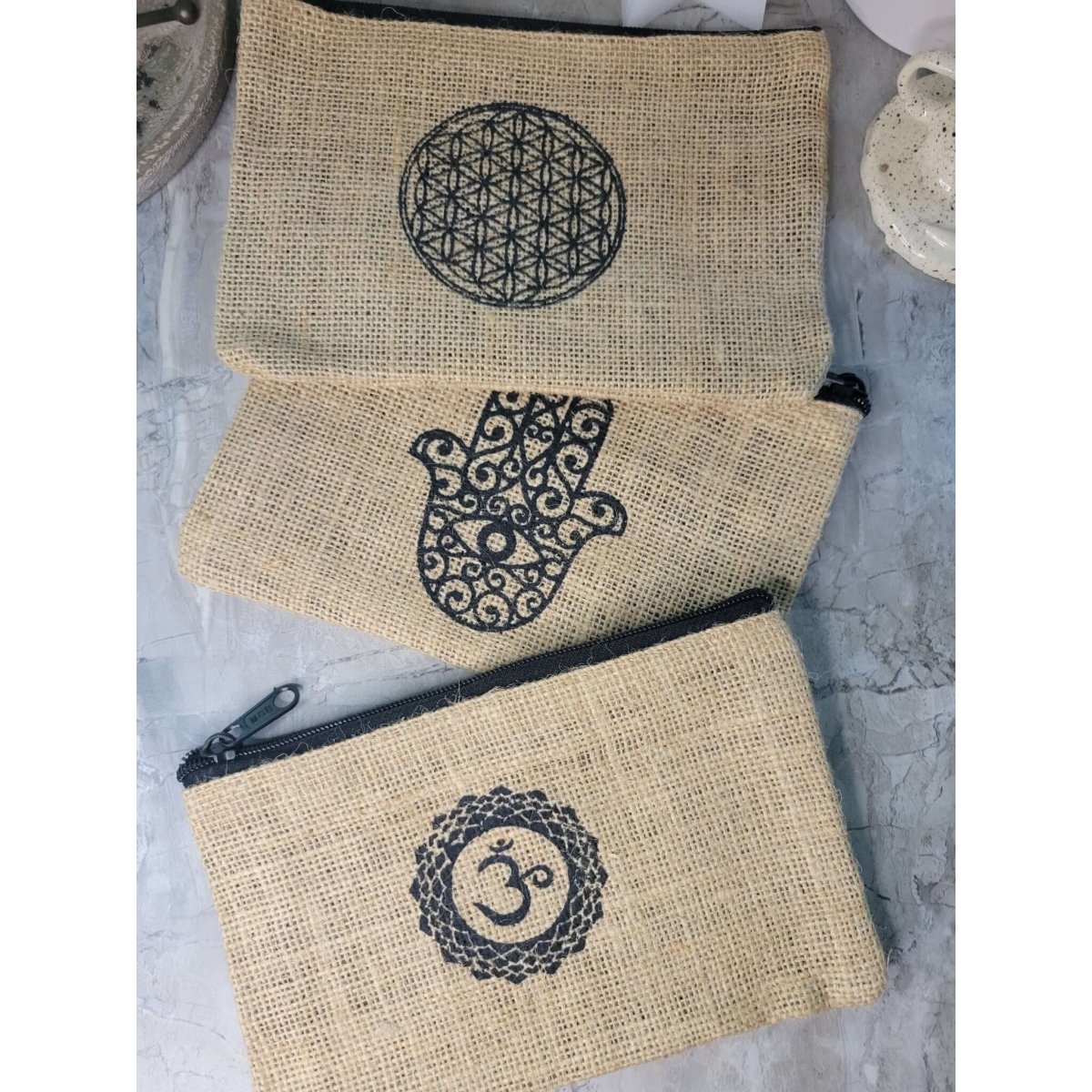 Cotton Jute Pouch, Hand of Fatima , Om Flower of Life Design -Decor