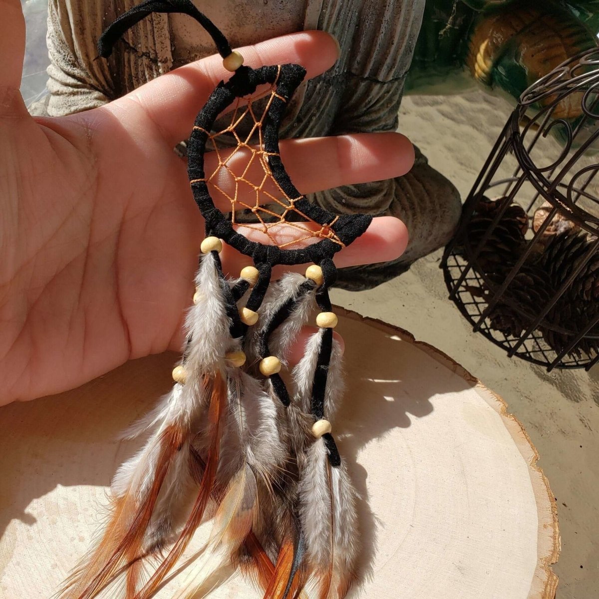 Crescent Moon Dream Catcher with feathers & Beads -