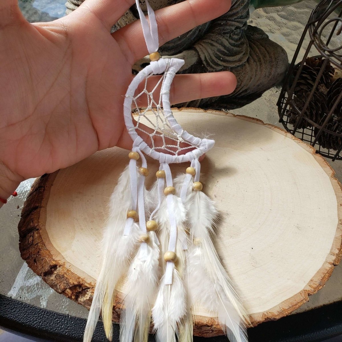 Crescent Moon Dream Catcher with feathers & Beads -