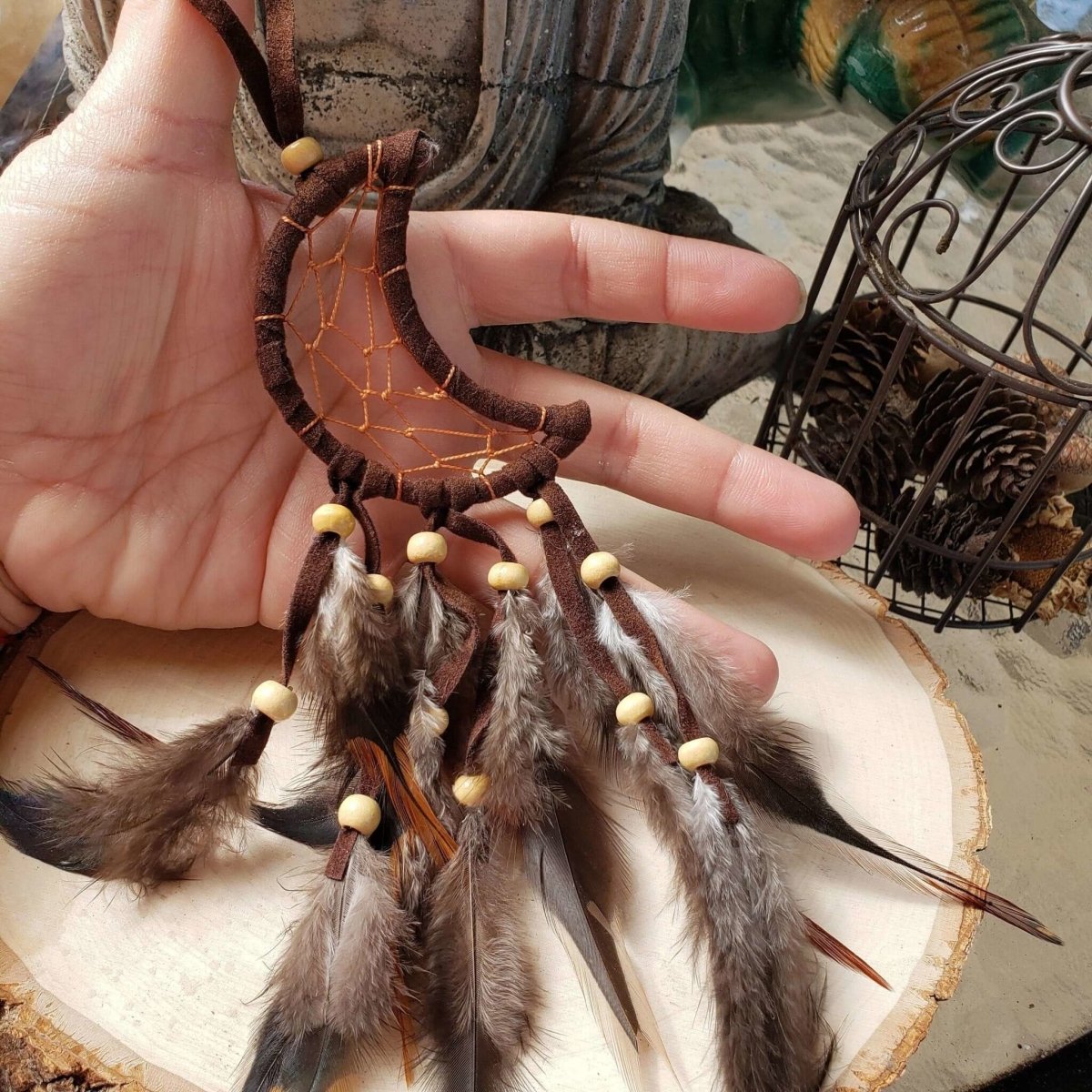 Crescent Moon Dream Catcher with feathers & Beads -