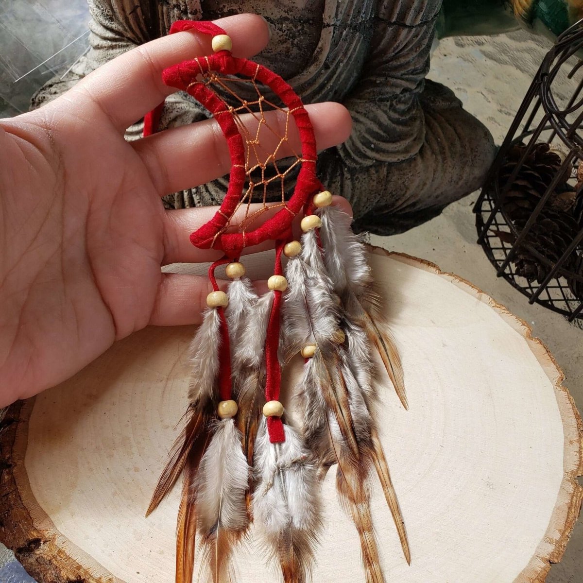 Crescent Moon Dream Catcher with feathers & Beads -