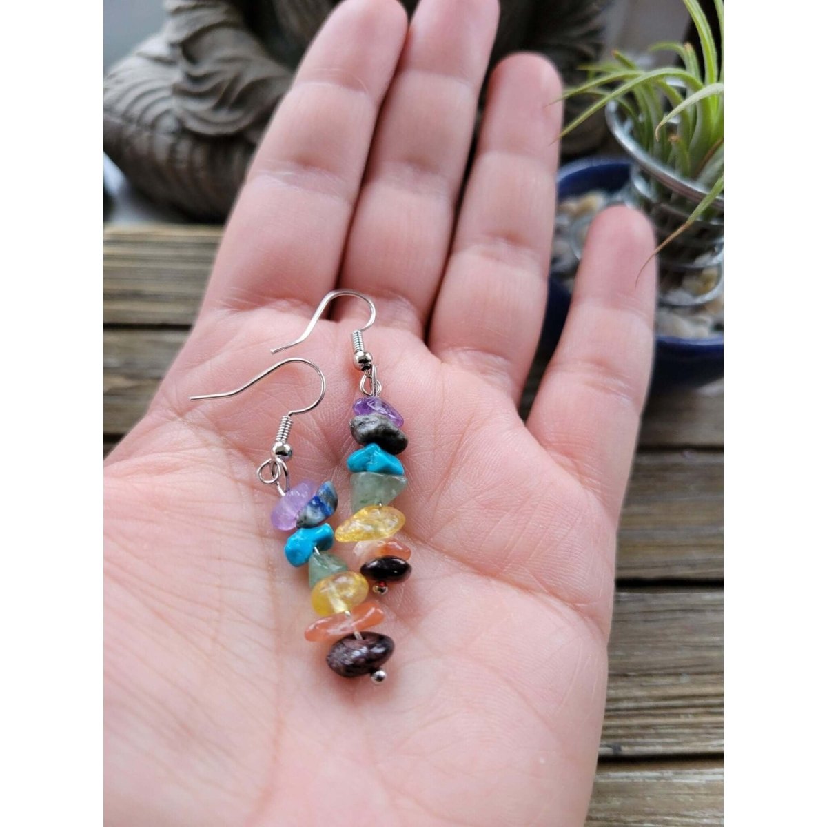 Crystal Earrings ,Stacked Stone Drop Earrings | Bohemian Style Dangle Earrings , Seven Chakras Earrings -