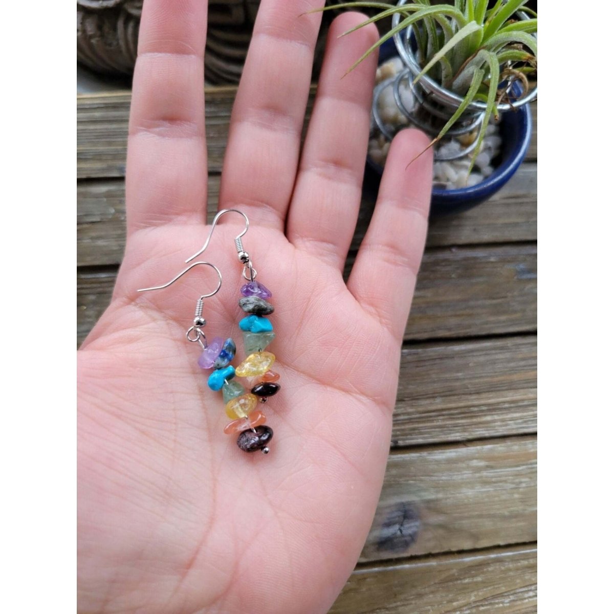 Crystal Earrings ,Stacked Stone Drop Earrings | Bohemian Style Dangle Earrings , Seven Chakras Earrings -