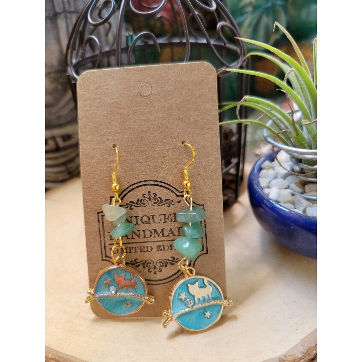 Crystal Earrings ,Stacked Stone Drop Earrings |Charm and Crystal Earrings ,Witch Jewelry, Healing Crystal Energy/ Cat Earrings -