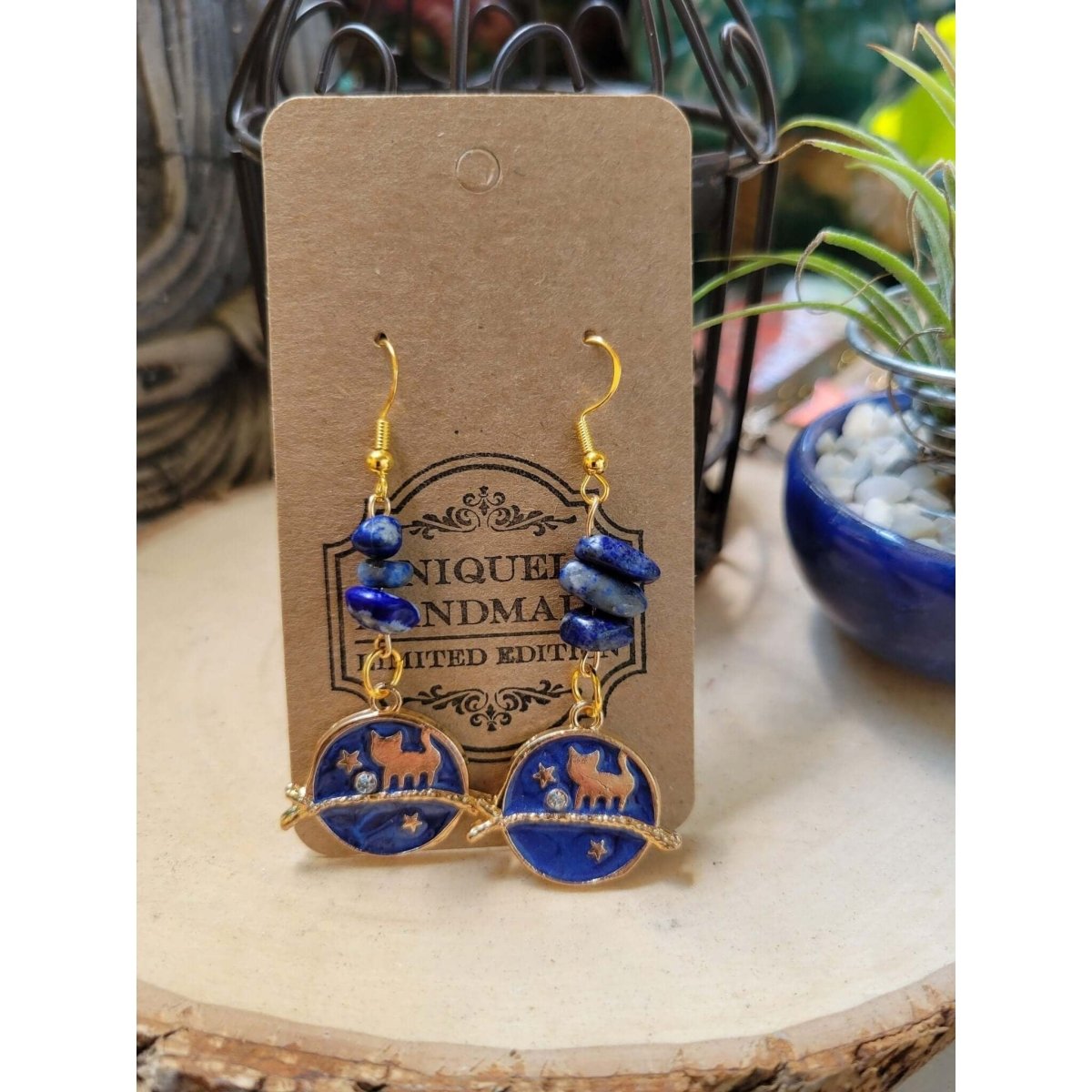 Crystal Earrings ,Stacked Stone Drop Earrings |Charm and Crystal Earrings ,Witch Jewelry, Healing Crystal Energy/ Cat Earrings -