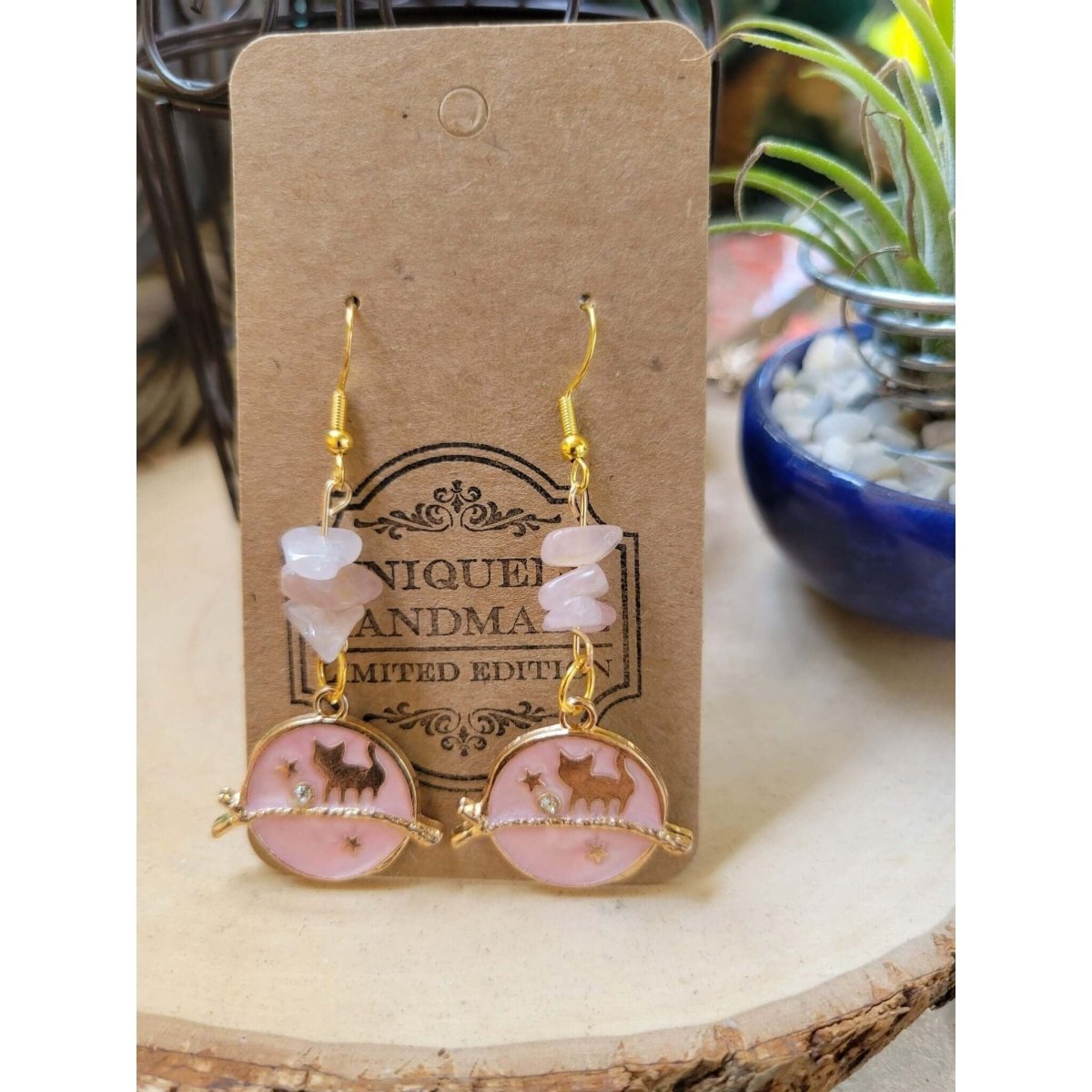 Crystal Earrings ,Stacked Stone Drop Earrings |Charm and Crystal Earrings ,Witch Jewelry, Healing Crystal Energy/ Cat Earrings -