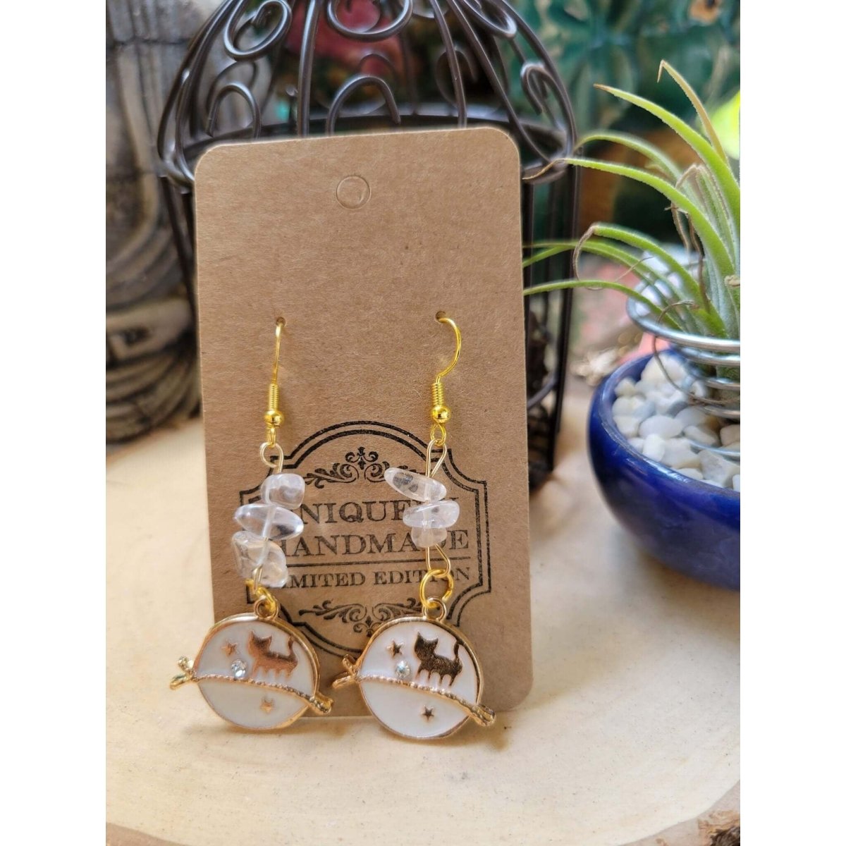 Crystal Earrings ,Stacked Stone Drop Earrings |Charm and Crystal Earrings ,Witch Jewelry, Healing Crystal Energy/ Cat Earrings -