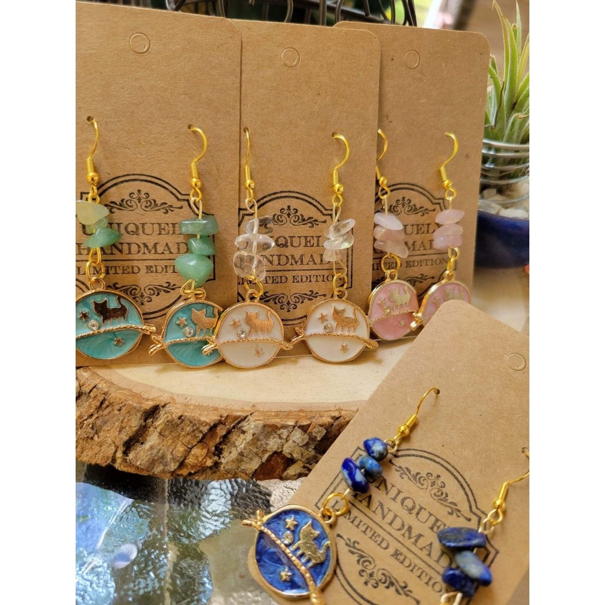 Crystal Earrings ,Stacked Stone Drop Earrings |Charm and Crystal Earrings ,Witch Jewelry, Healing Crystal Energy/ Cat Earrings -