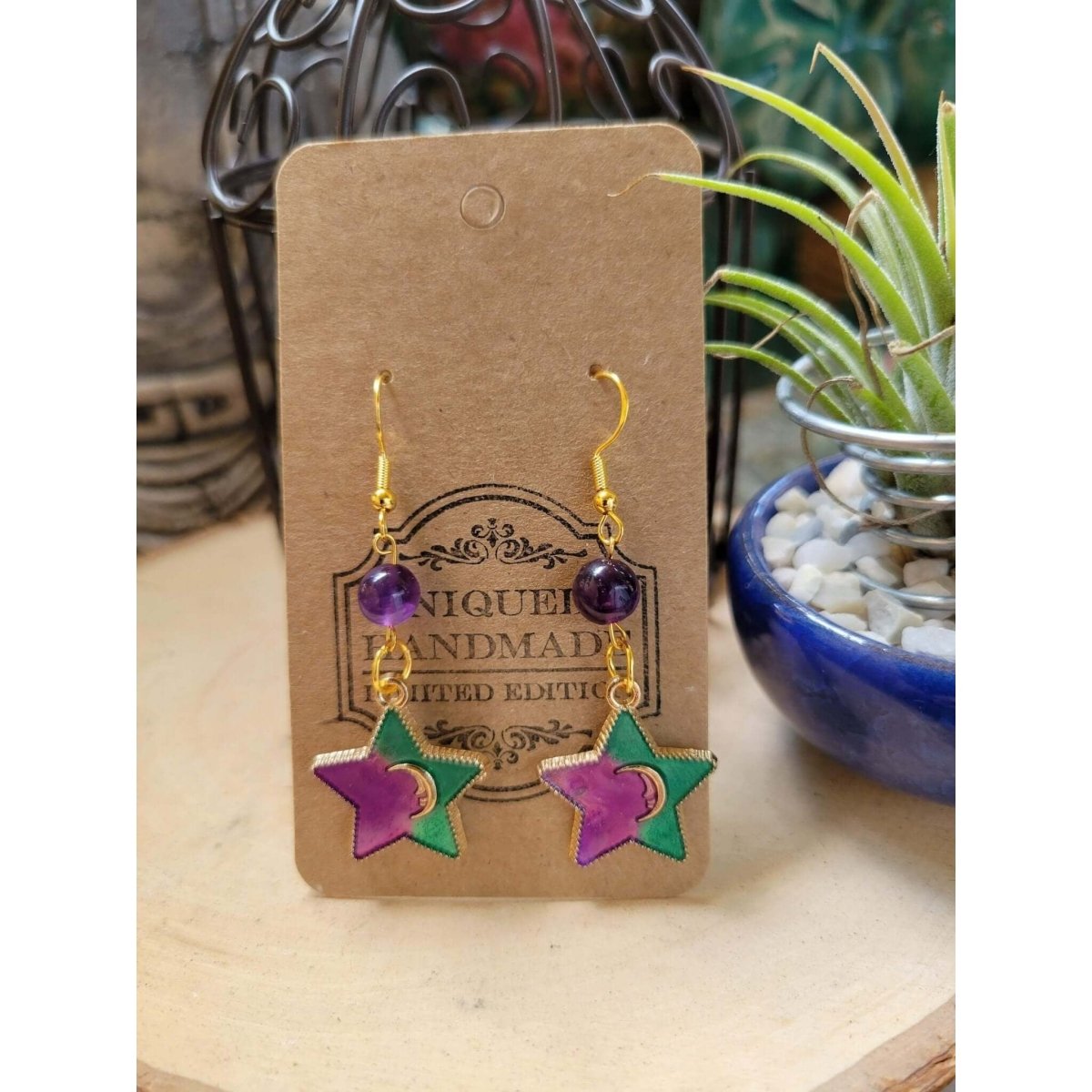 Crystal Earrings ,Stacked Stone Drop Earrings |Charm and Crystal Earrings ,Witch Jewelry, Healing Crystal Energy, Star Charm Earrings -