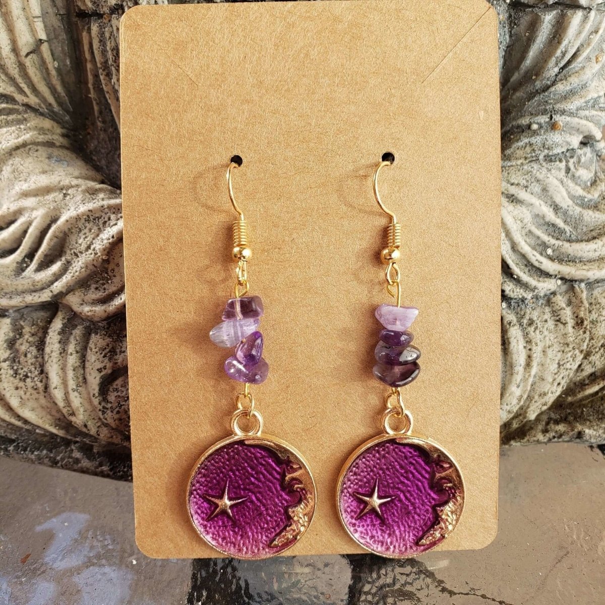 Crystal Earrings ,Stacked Stone Drop Earrings |Charm and Crystal Moon Earrings ,Witch Jewelry, Healing Crystal Energy -